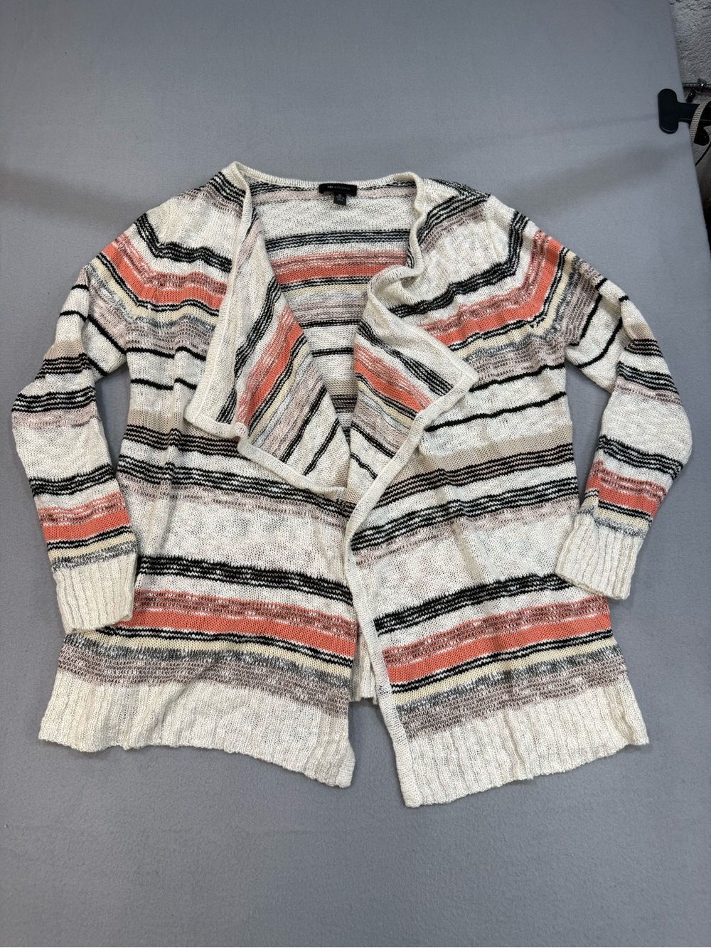AB Studio Striped Open-Front Cardigan in Cream, Coral and Black XL